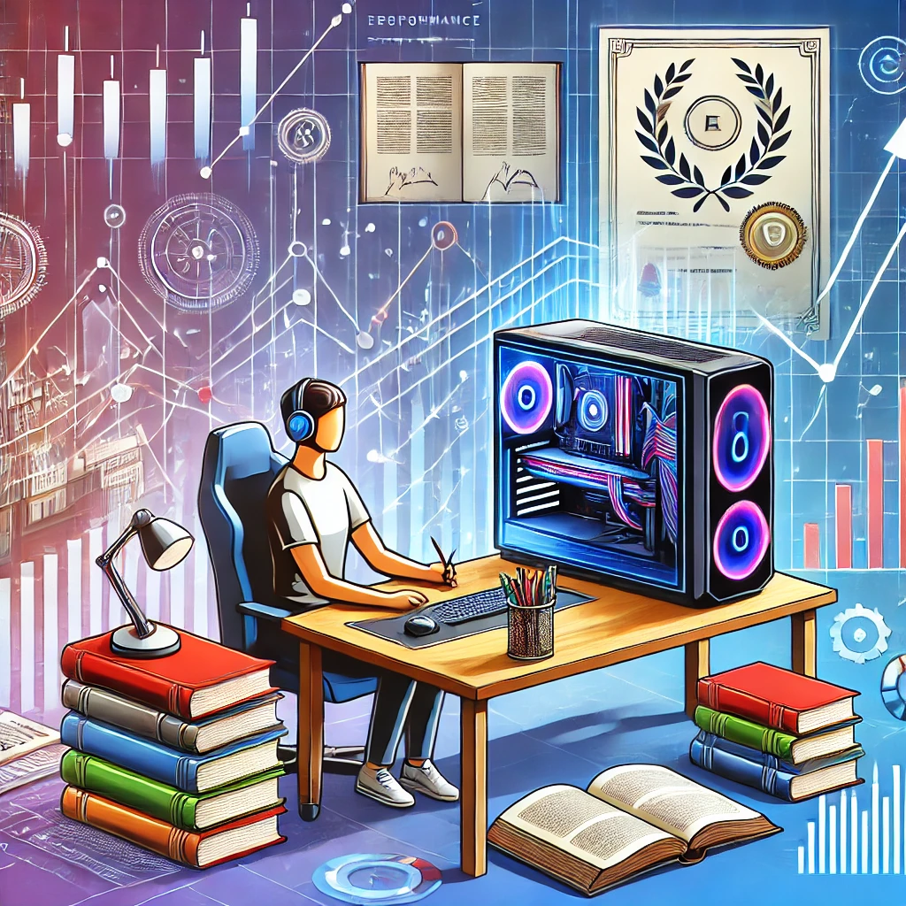 DALL·E 2025 01 07 05.49.38 A visually appealing illustration of a person sitting at a desk with a high performance gaming PC surrounded by books certificates and investment c 2