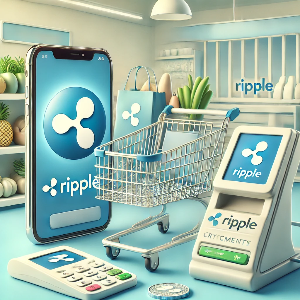 DALL·E 2025 01 17 05.27.29 An illustrative image showcasing the use of cryptocurrency Ripple XRP in everyday shopping scenarios. The image features a digital wallet on a smar